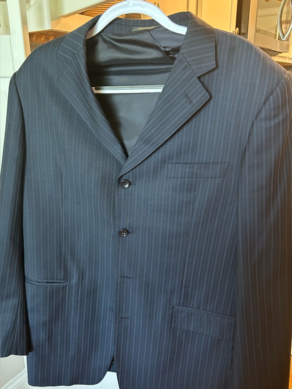 Men's Dark Navy Pinstripe Three-Button Suit Jacket